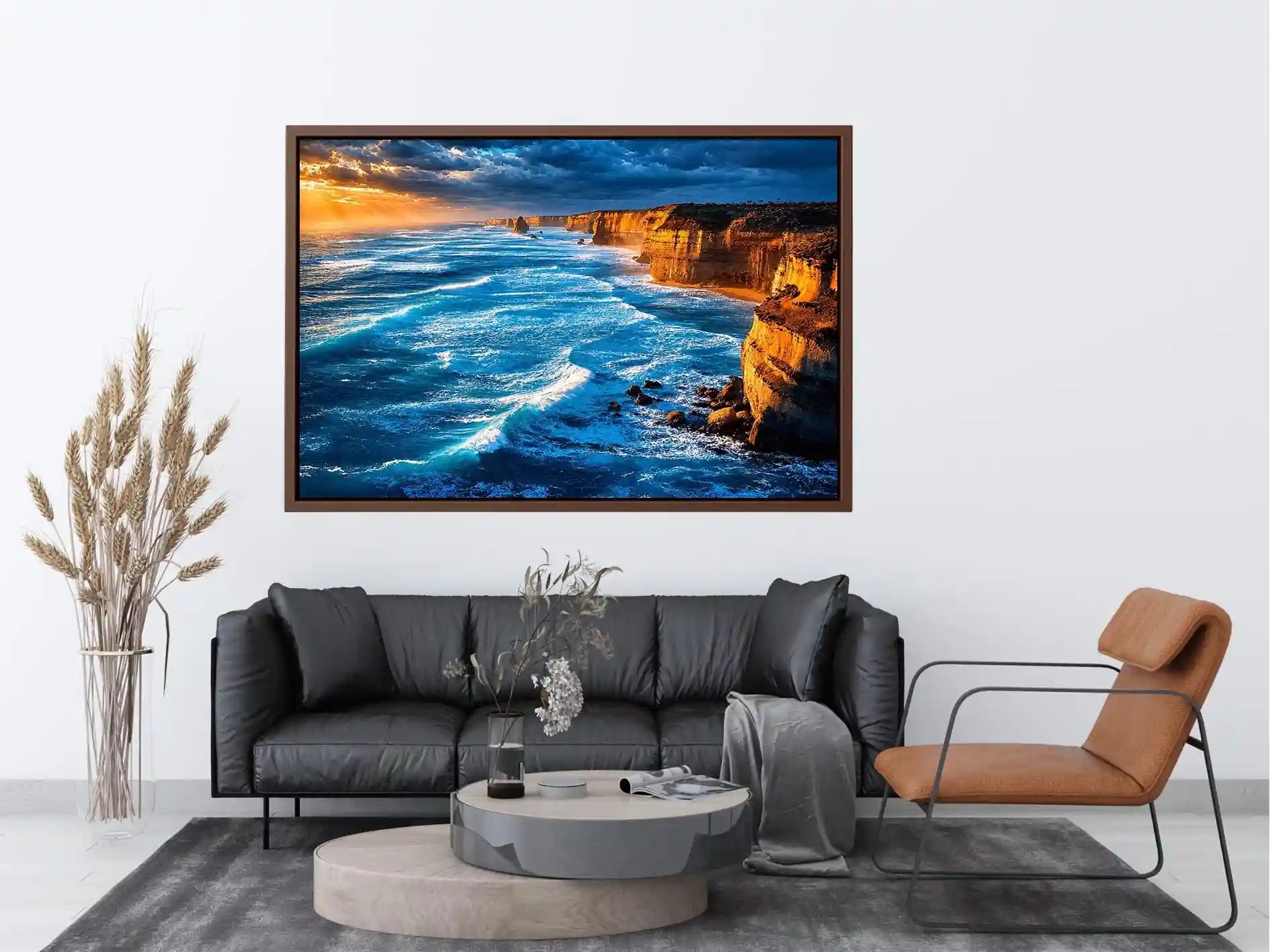 Dramatic coastal ocean canvas art for living room or beach house decor.