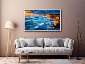 Dramatic coastal ocean canvas art for living room or beach house decor.