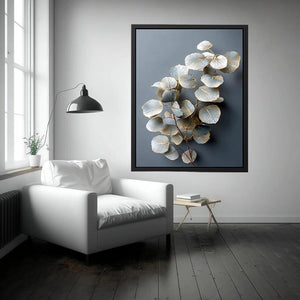 White botanical leaf canvas art for serene modern living room decor.