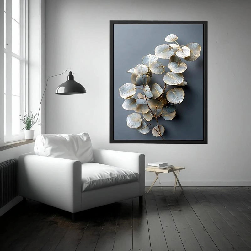 White botanical leaf canvas art for serene modern living room decor.