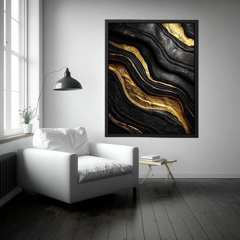 Black and gold abstract canvas art for luxury modern living room decor.