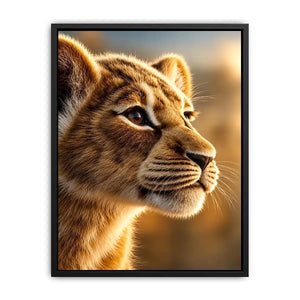 Young lion cub portrait canvas art for warm modern living room decor.