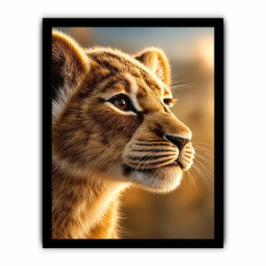 Young lion cub portrait canvas art for warm modern living room decor.