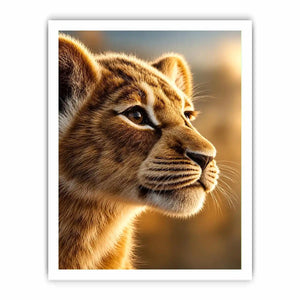Young lion cub portrait canvas art for warm modern living room decor.