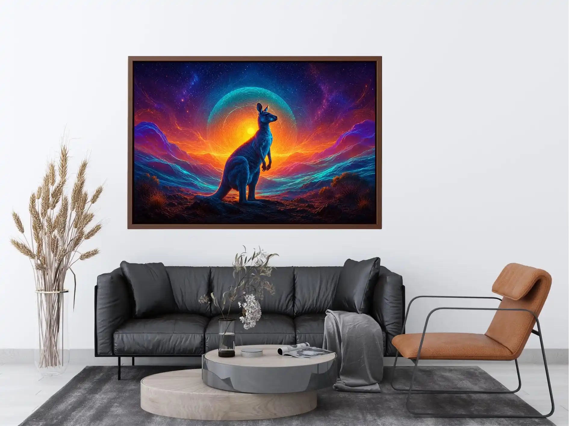 Neon kangaroo landscape canvas art for bold modern living room decor.
