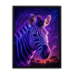 Purple zebra portrait canvas art for bold modern living room decor.