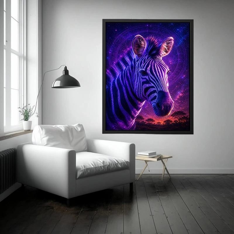 Purple zebra portrait canvas art for bold modern living room decor.