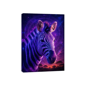 Purple zebra portrait canvas art for bold modern living room decor.