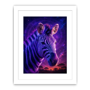 Purple zebra portrait canvas art for bold modern living room decor.