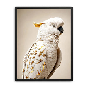 White cockatoo canvas print with gold accents for elegant room decor.