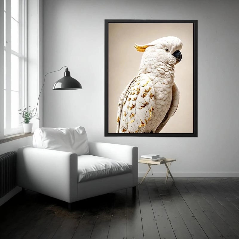 White cockatoo canvas print with gold accents for elegant room decor.