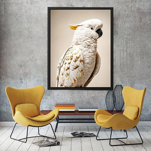 White cockatoo canvas print with gold accents for elegant room decor.