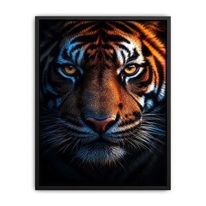 Dramatic tiger portrait canvas art for bold modern office decor.