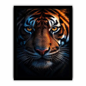 Dramatic tiger portrait canvas art for bold modern office decor.