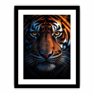 Dramatic tiger portrait canvas art for bold modern office decor.