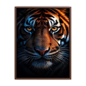 Dramatic tiger portrait canvas art for bold modern office decor.