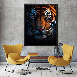 Dramatic tiger portrait canvas art for bold modern office decor.