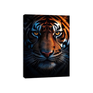 Dramatic tiger portrait canvas art for bold modern office decor.