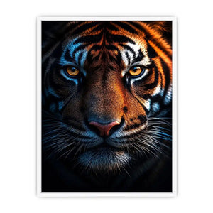 Dramatic tiger portrait canvas art for bold modern office decor.