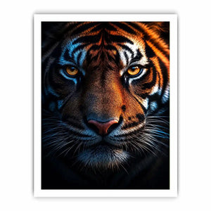 Dramatic tiger portrait canvas art for bold modern office decor.