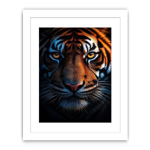 Dramatic tiger portrait canvas art for bold modern office decor.