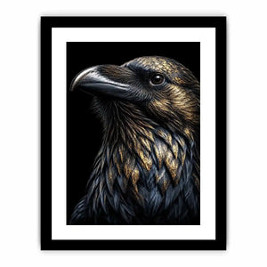 Black raven portrait artwork with gold accents for sophisticated office decor.