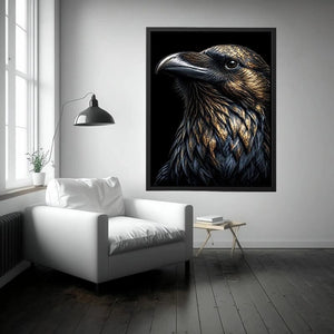 Black raven portrait artwork with gold accents for sophisticated office decor.