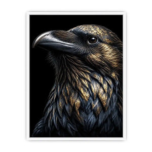 Black raven portrait artwork with gold accents for sophisticated office decor.