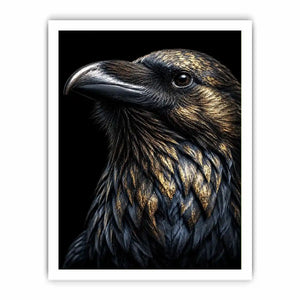 Black raven portrait artwork with gold accents for sophisticated office decor.