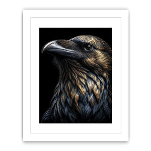 Black raven portrait artwork with gold accents for sophisticated office decor.