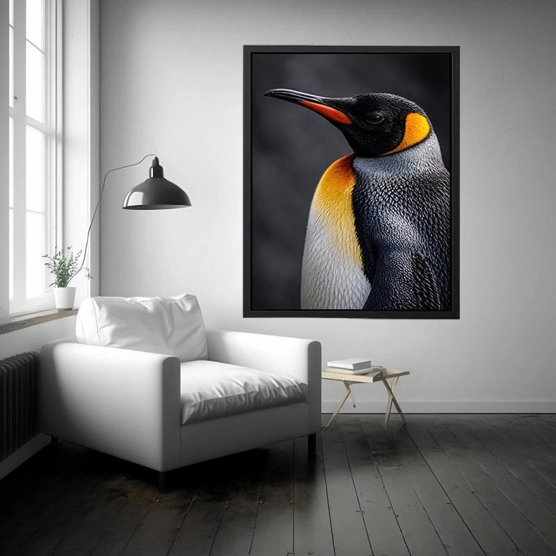 King penguin portrait canvas print for clean modern bedroom decor.