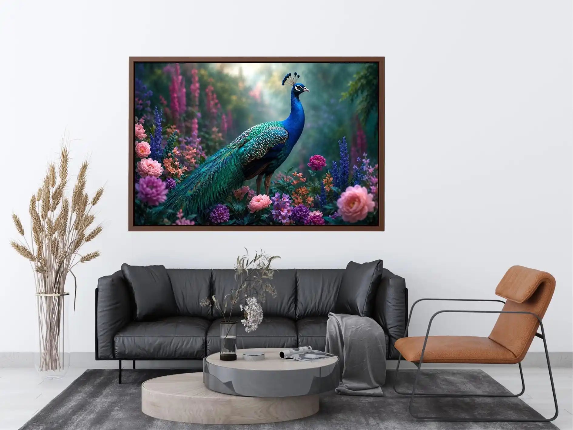 Peacock garden canvas art with pastel florals for elegant bedroom decor.