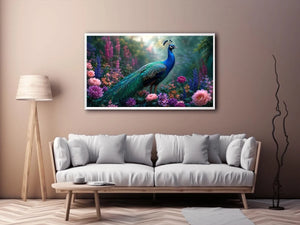 Peacock garden canvas art with pastel florals for elegant bedroom decor.