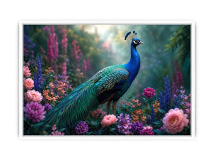 Peacock garden canvas art with pastel florals for elegant bedroom decor.