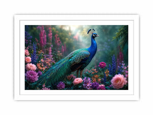 Peacock garden canvas art with pastel florals for elegant bedroom decor.