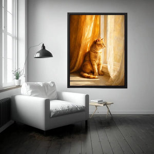 Orange cat window canvas art for cozy warm bedroom decor.