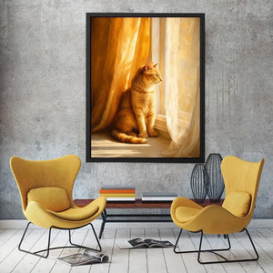 Orange cat window canvas art for cozy warm bedroom decor.