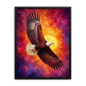 Bald eagle canvas artwork with crimson sky for bold office decor.