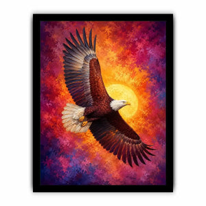 Bald eagle canvas artwork with crimson sky for bold office decor.
