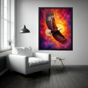 Bald eagle canvas artwork with crimson sky for bold office decor.