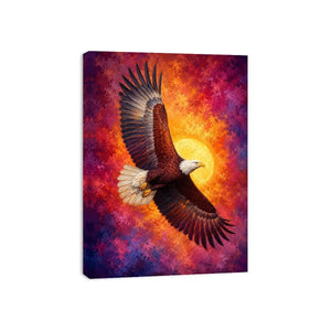 Bald eagle canvas artwork with crimson sky for bold office decor.