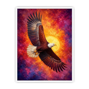 Bald eagle canvas artwork with crimson sky for bold office decor.