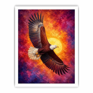 Bald eagle canvas artwork with crimson sky for bold office decor.
