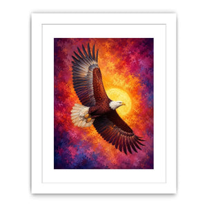 Bald eagle canvas artwork with crimson sky for bold office decor.