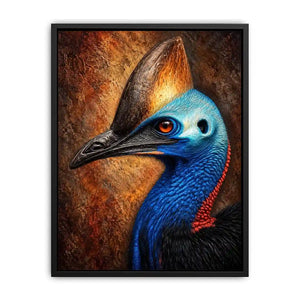 Cassowary portrait wall art with vivid color for eclectic office decor.