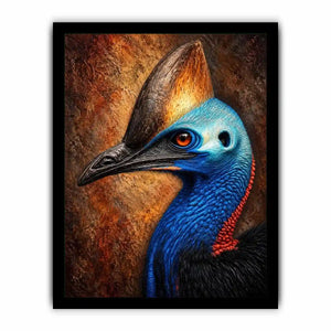 Cassowary portrait wall art with vivid color for eclectic office decor.