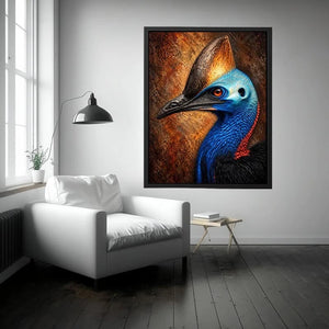 Cassowary portrait wall art with vivid color for eclectic office decor.