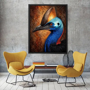 Cassowary portrait wall art with vivid color for eclectic office decor.