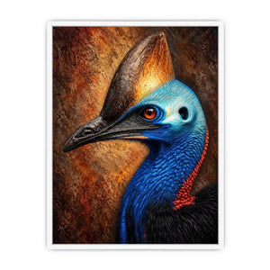 Cassowary portrait wall art with vivid color for eclectic office decor.