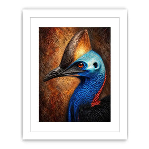 Cassowary portrait wall art with vivid color for eclectic office decor.